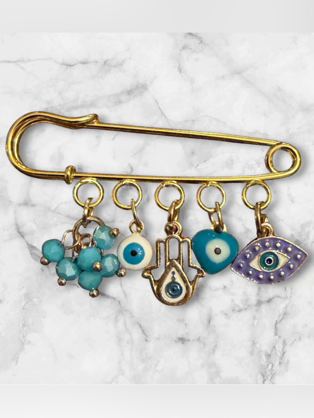 Gold Charm Safety Pin with Turquoise & Purple Evil Eye Charms